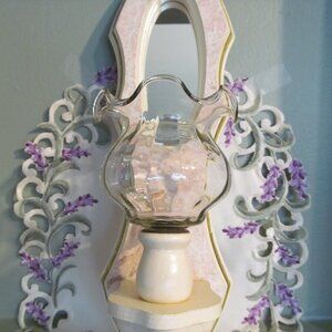 Home Interiors Glass Candle Holder with Purple Floral Design